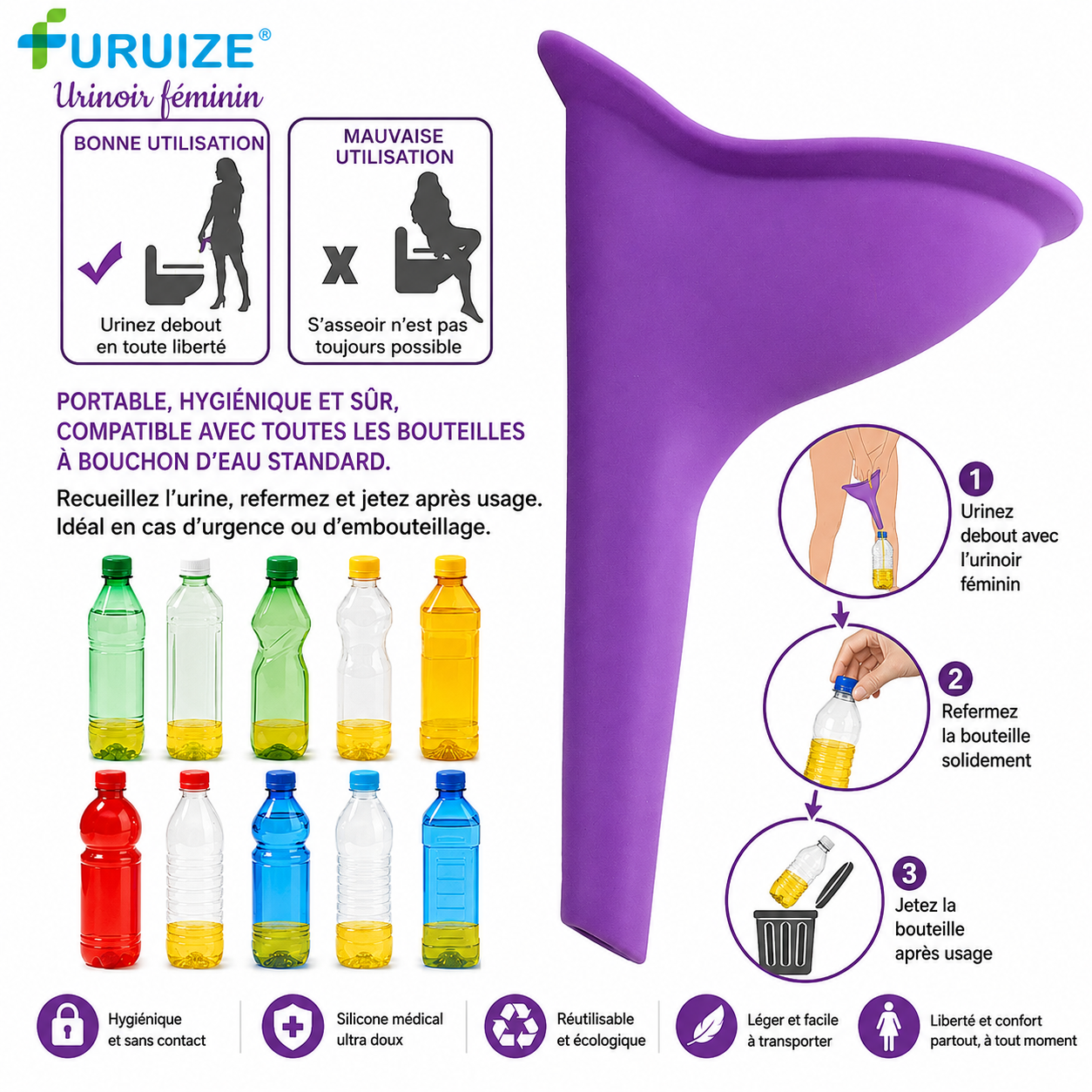 PROTEGEZ-VOUS CONTRE LES INFECTIONS VAGINALES: Urinoir féminin réutilisable en Silicone  permettant aux Femmes de Faire Pipi Debou dans les toilettes sales!.